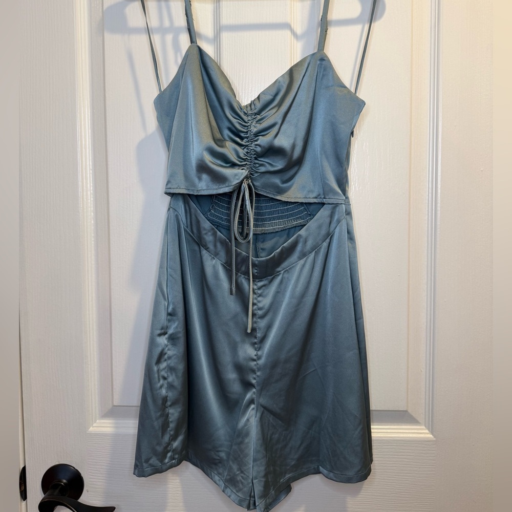 Fiestas Blue Satin Romper with Ruched Details Size S